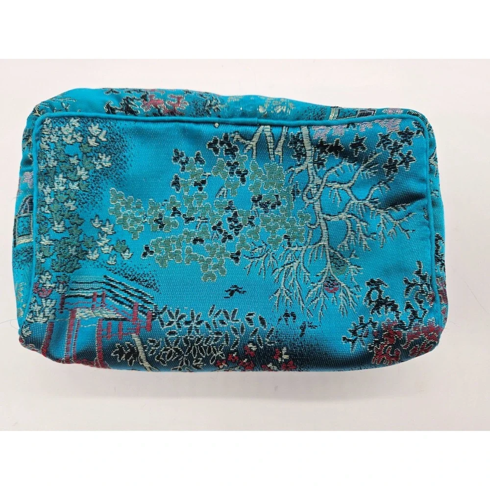 Vintage Blue Brocade 3pc Cosmetic Bag Set Oriental Landscape Travel Pouches